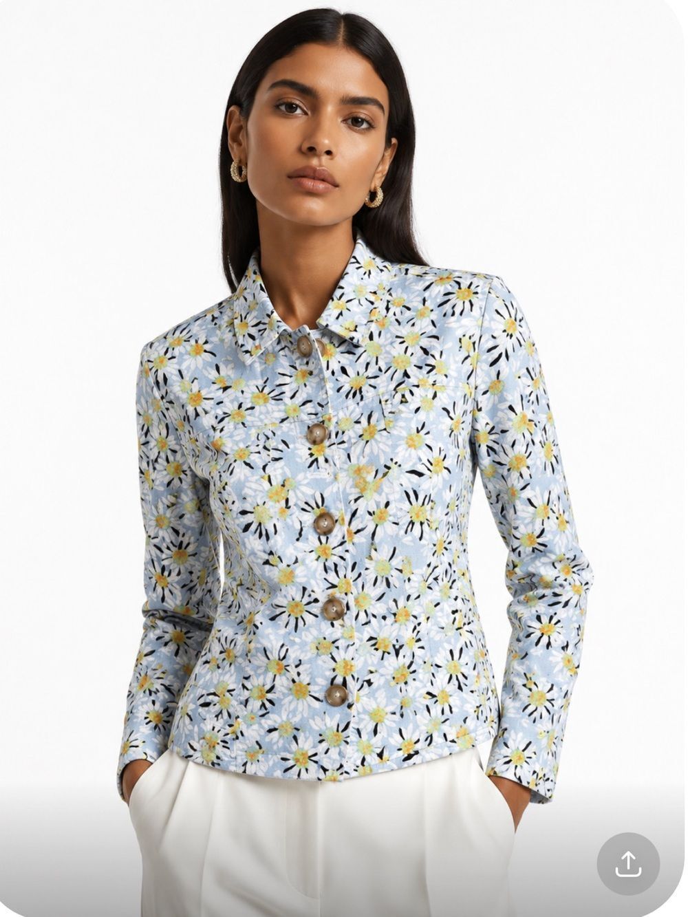 CYNTHIA ROWLEY Light Blue Daisy-Print Top with Yellow Accents Size Small